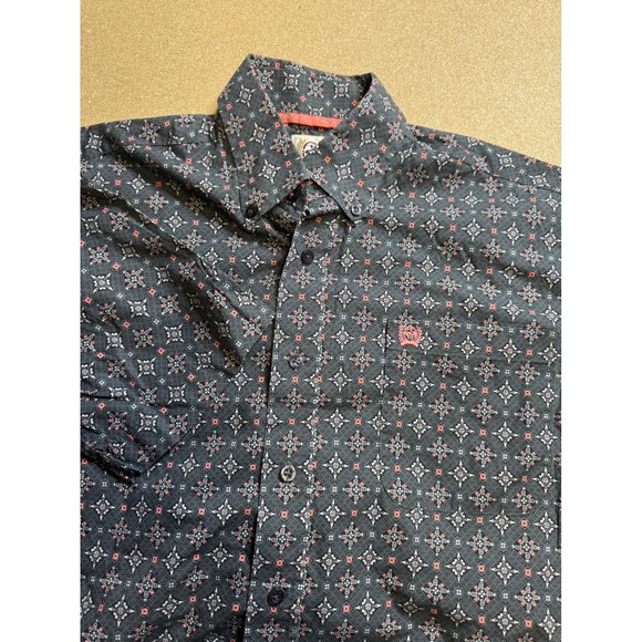 Cinch Mens XS Short Sleeve Button Down Shirt Grey Pink Geometric Western Cotton - Picture 6 of 7
